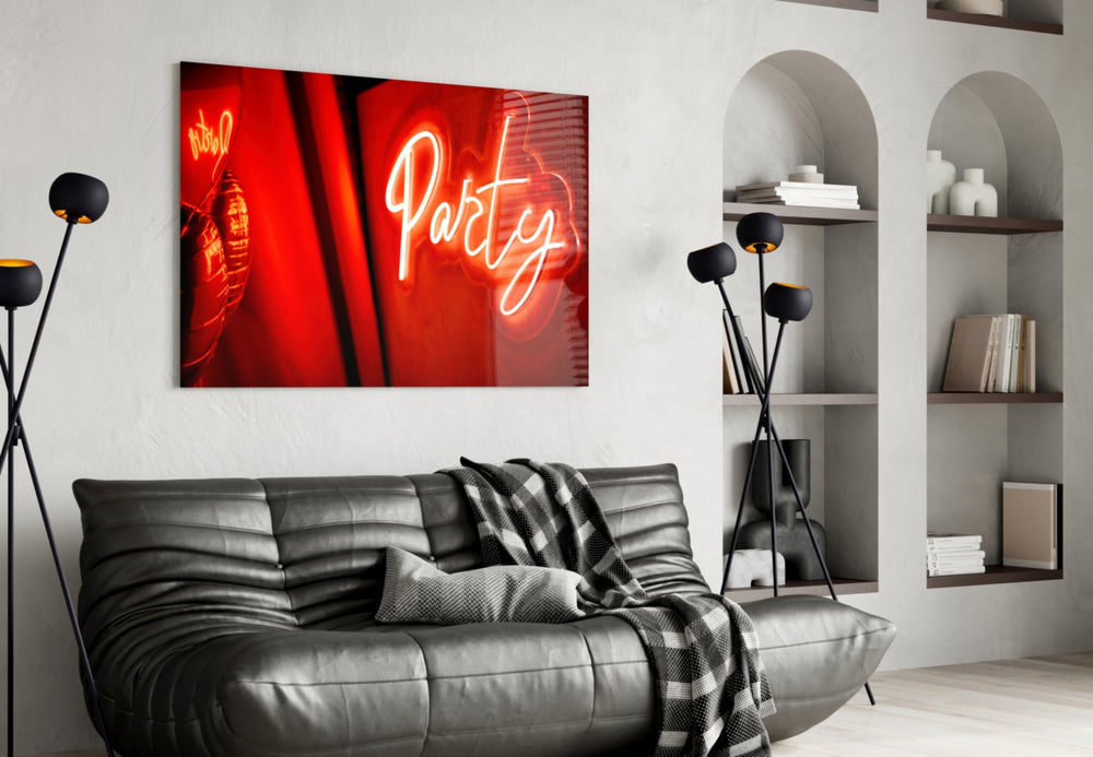Scarlet hand-script Party cinematic glass wall art over walnut bar cabinet