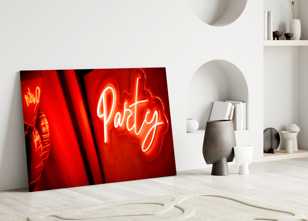 Nightclub neon-script cinematic glass wall art in designer den