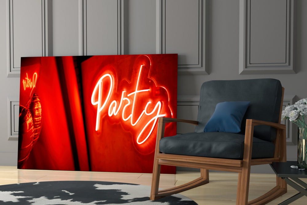 Party-sign cinematic glass wall art over modern dining sideboard