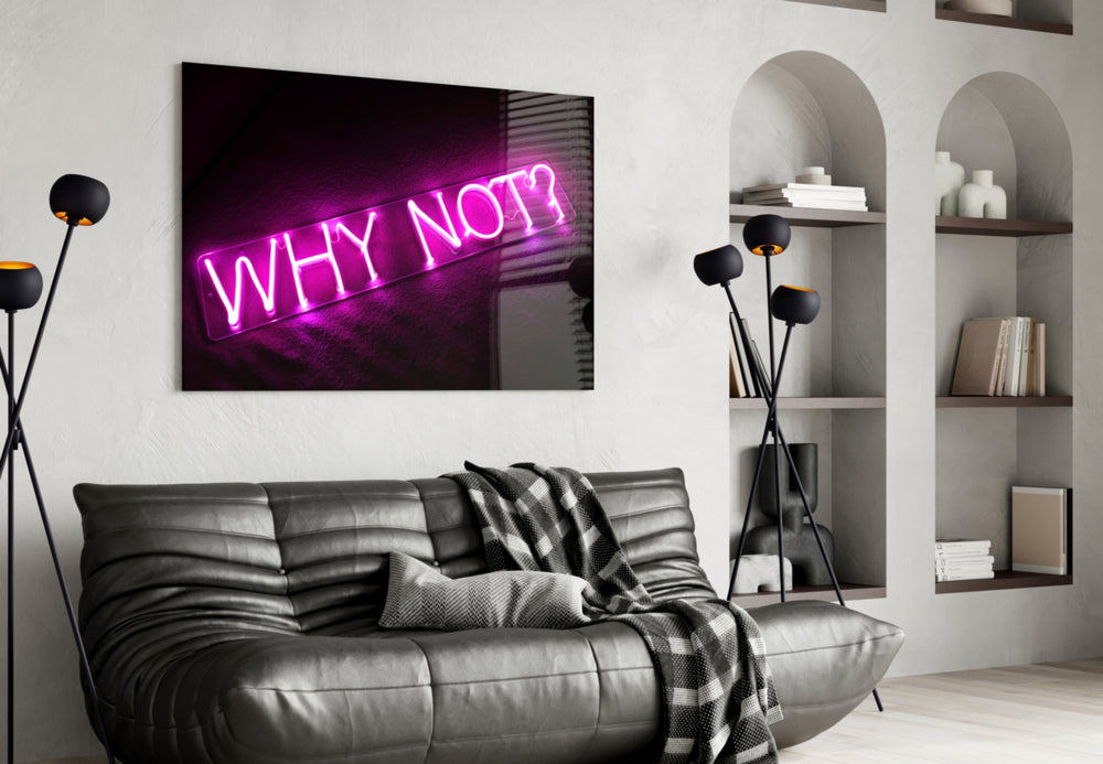 Magenta sans-serif Why-Not cinematic glass wall art over walnut bar cabinet