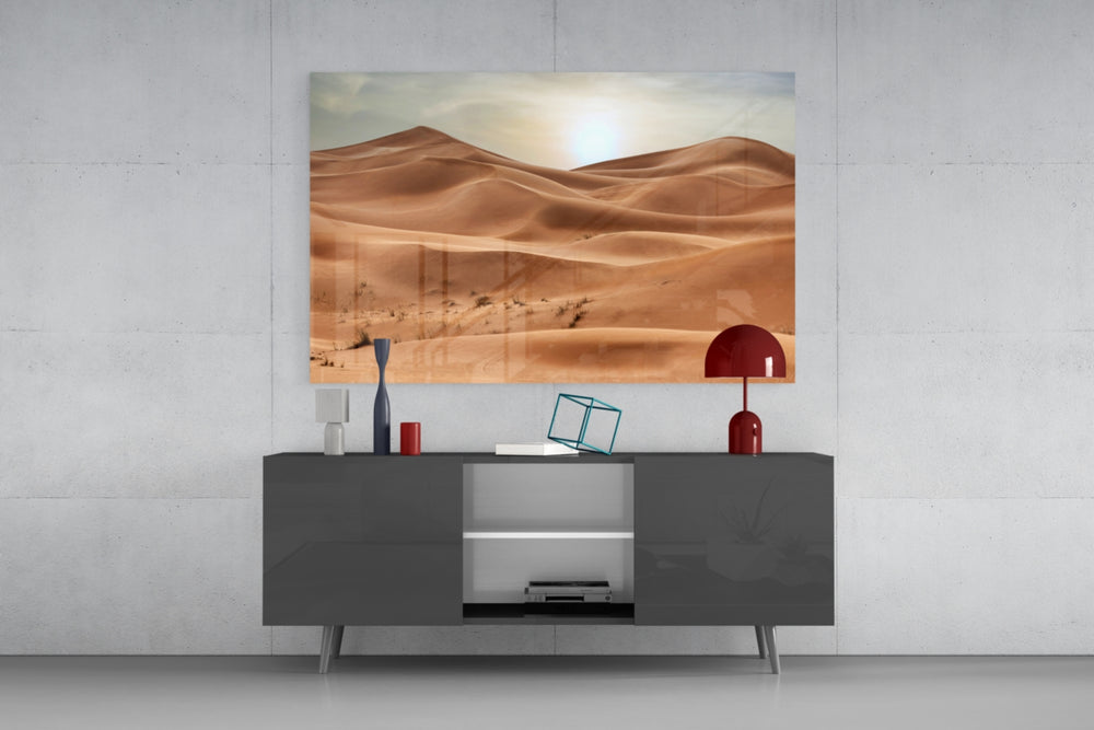 Travel desert cinematic glass wall art in resort suite living room