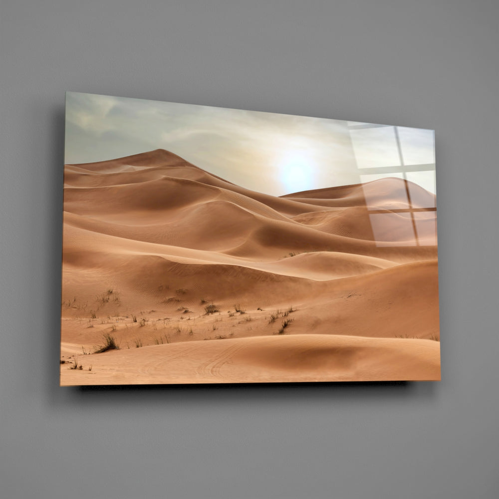 Amber sand-dune travel cinematic glass wall art over walnut console in study