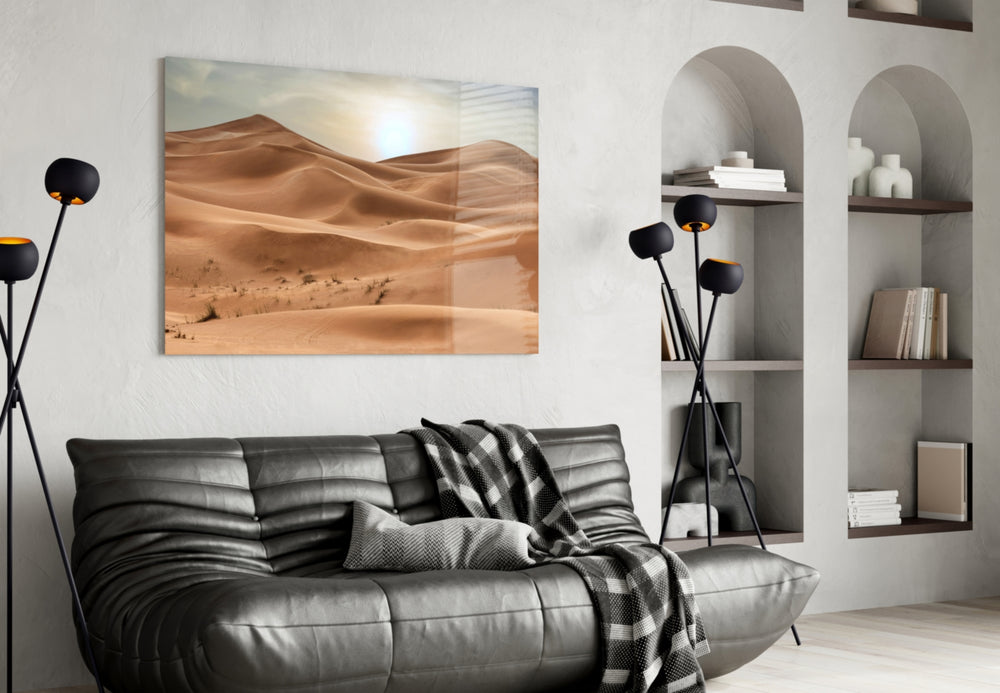 Travel-photography dunes cinematic glass wall art in hospitality suite