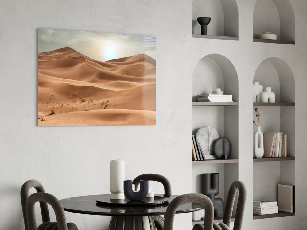Hazy-sun desert cinematic glass wall art over master-bedroom headboard