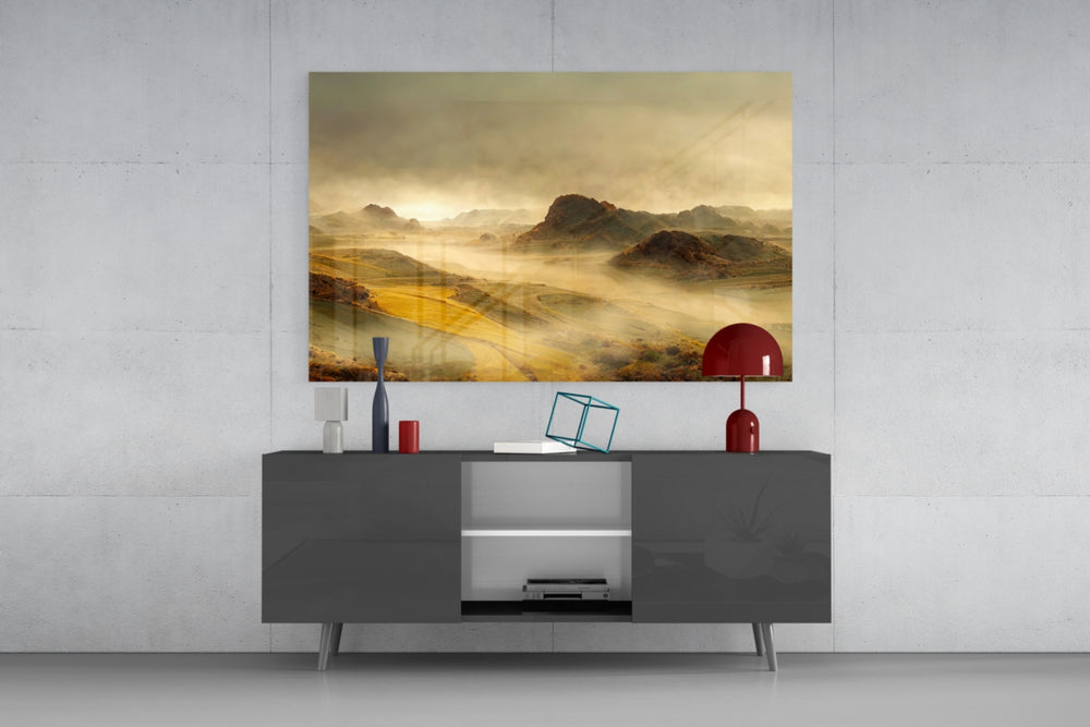Travel landscape cinematic glass wall art in resort suite living room