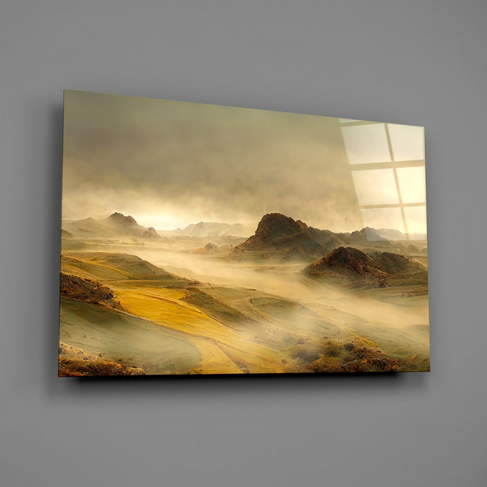 Hazy-sky highland landscape cinematic glass wall art over walnut console