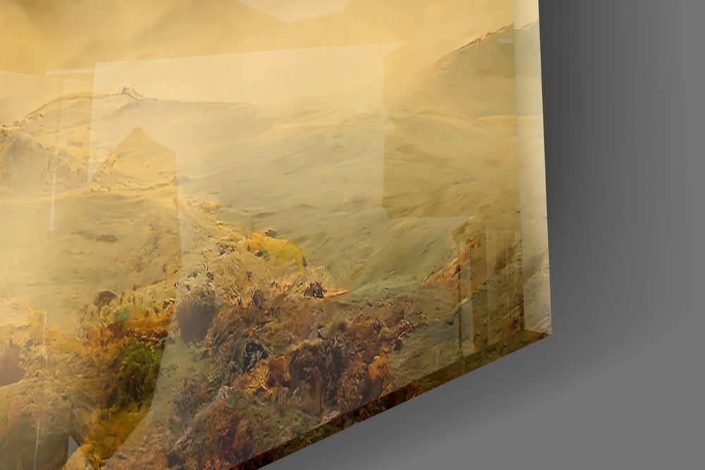 Mars-toned mountain glass wall art over modern dining sideboard