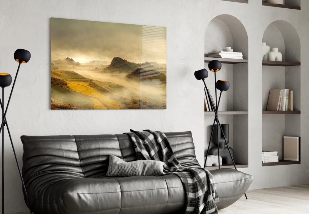 Sepia-amber mountain cinematic glass wall art in hospitality lounge