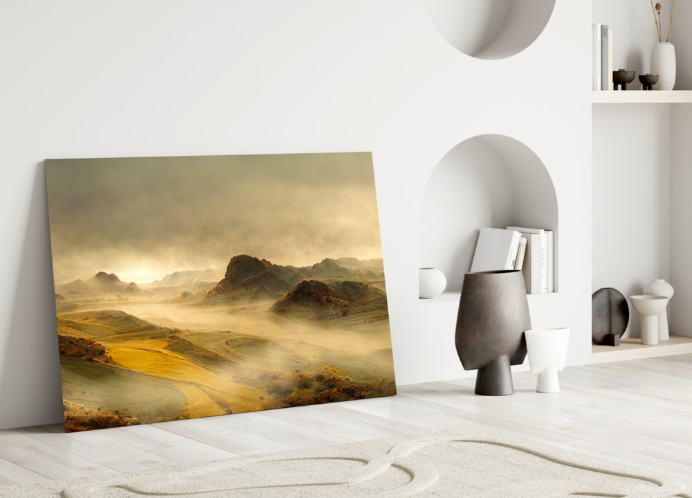 Wadi-Rum-style desert cinematic glass wall art in wellness studio reception
