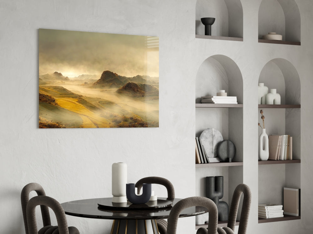 Foggy-valley mountain cinematic glass wall art over master-bedroom headboard