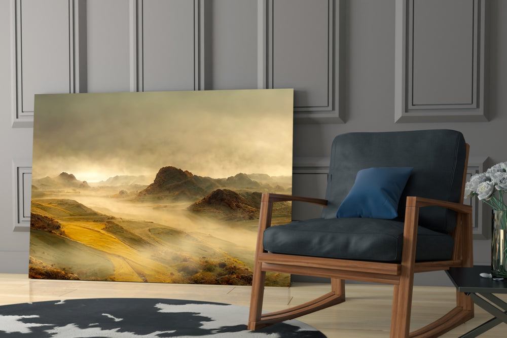 Mongolian-style highland cinematic glass wall art in heritage hallway