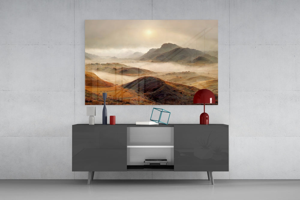 Travel landscape cinematic glass wall art in resort suite living room