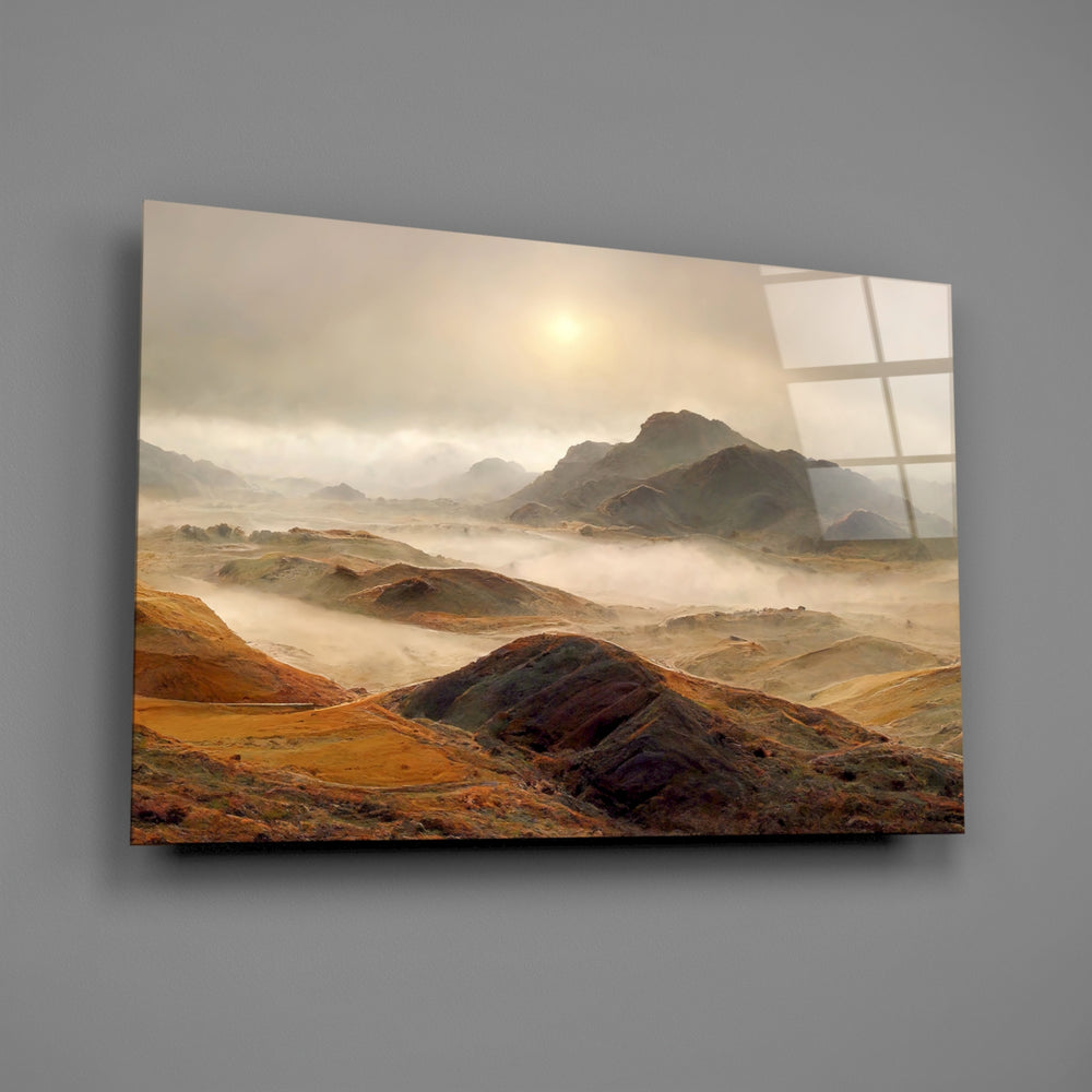 Rust-and-ochre highland cinematic glass wall art over walnut console