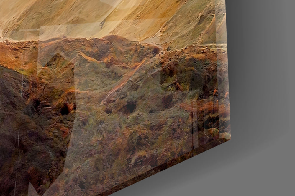 Mars-toned mountain glass wall art over modern dining sideboard
