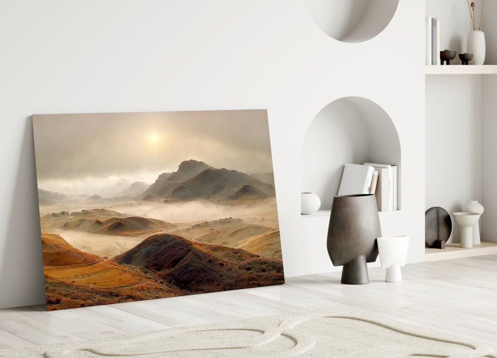 Atacama-style desert cinematic glass wall art in wellness studio reception