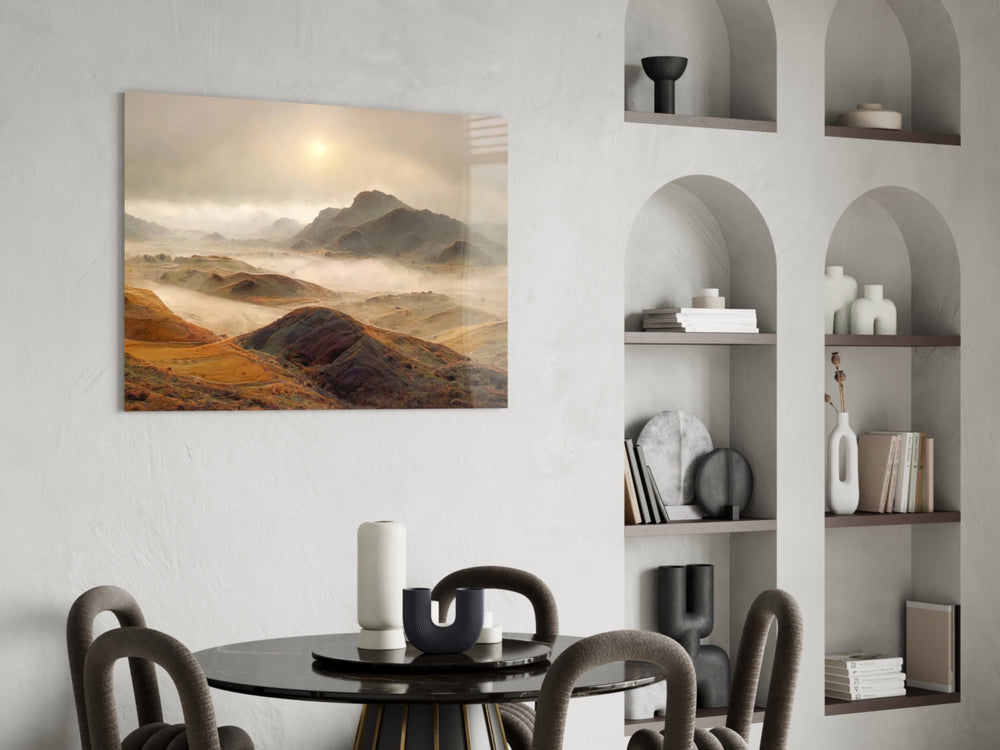 Foggy-valley mountain cinematic glass wall art over master-bedroom headboard