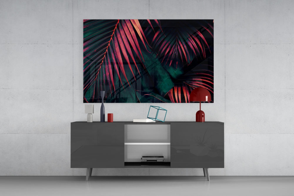 Coral-rim leaf cinematic glass wall art in nightclub-style home bar