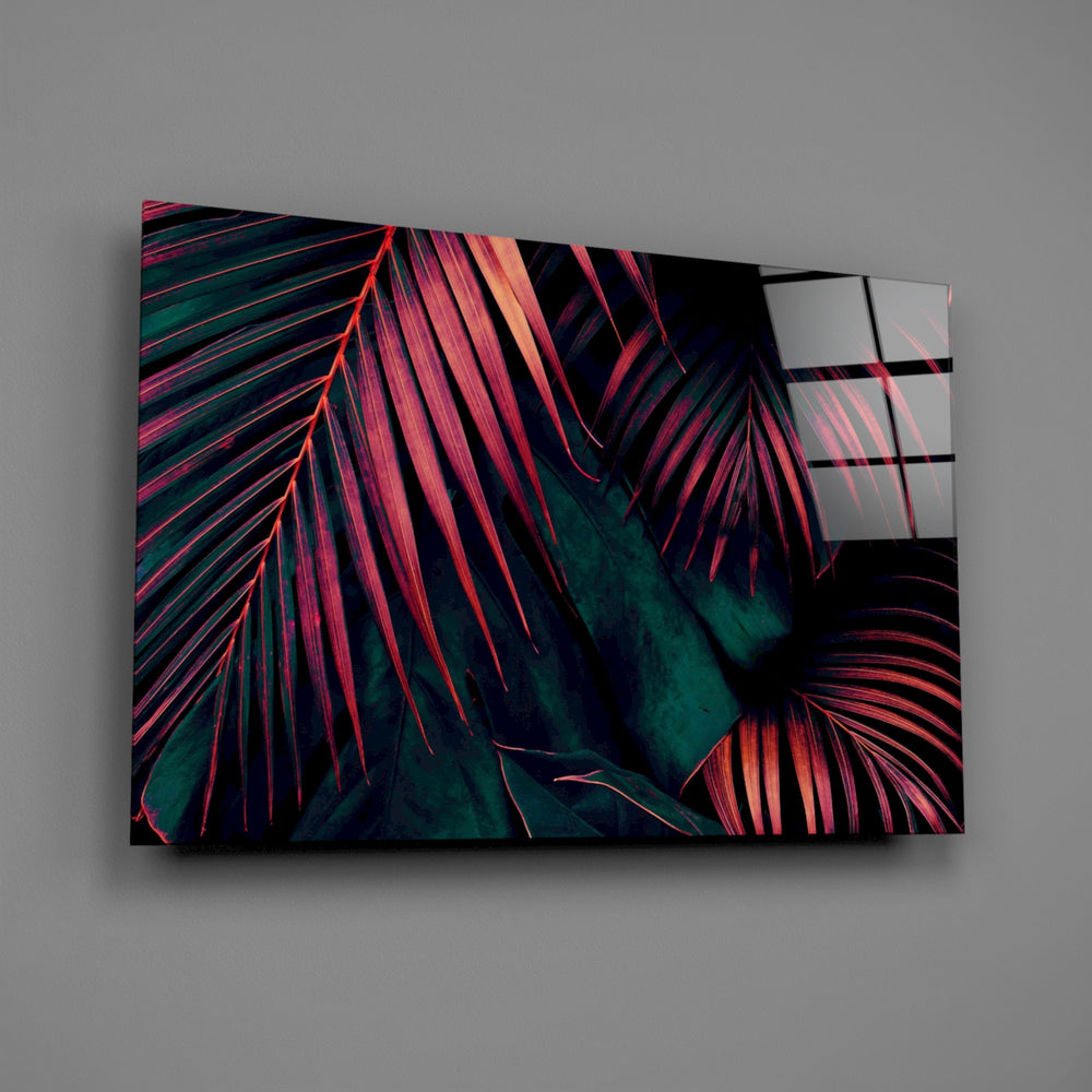 Synthwave tropical foliage glass wall art over modern living-room sofa