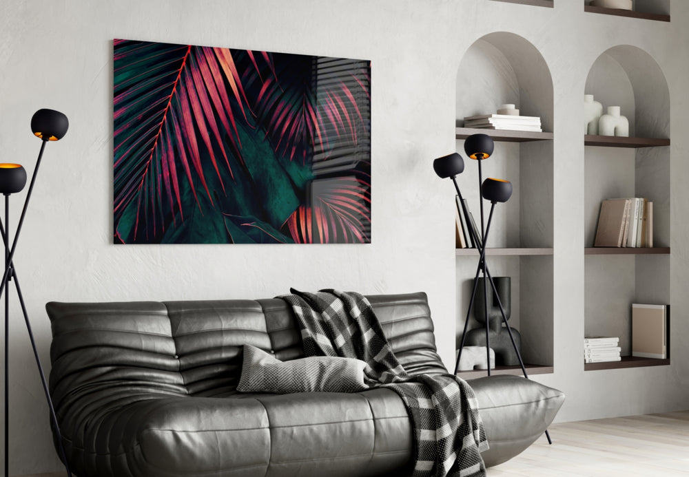 Coral-edge palm cinematic glass wall art over walnut bar cabinet