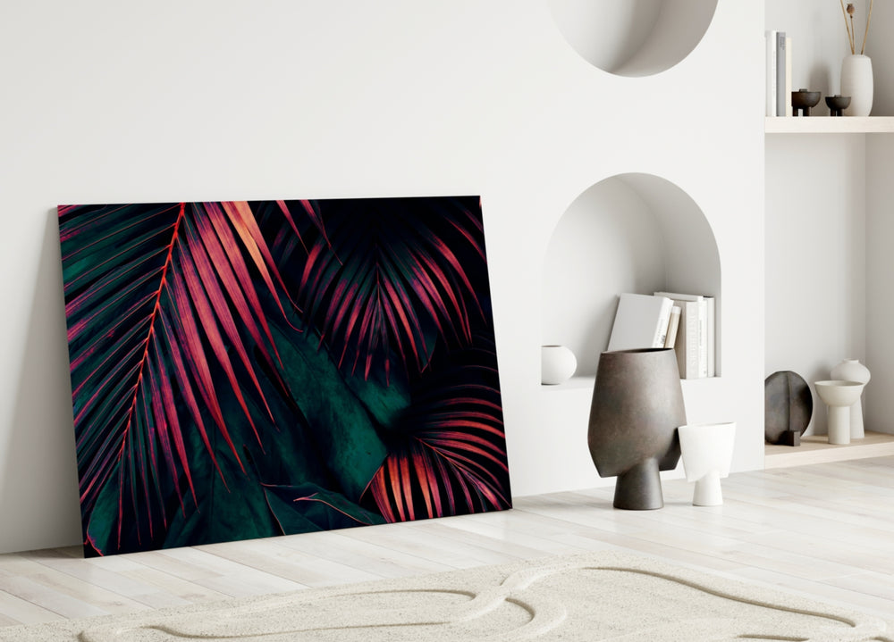 Teal-and-pink palm cinematic glass wall art in dramatic dining room