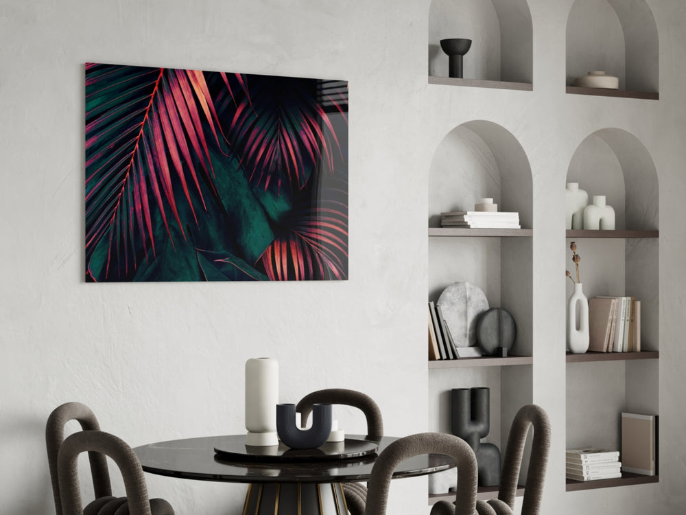 Tropical-modern neon foliage cinematic glass wall art in hospitality lounge entry