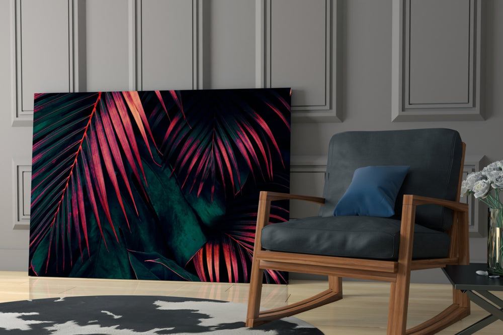 Stage-lit palm cinematic glass wall art over master-bedroom headboard