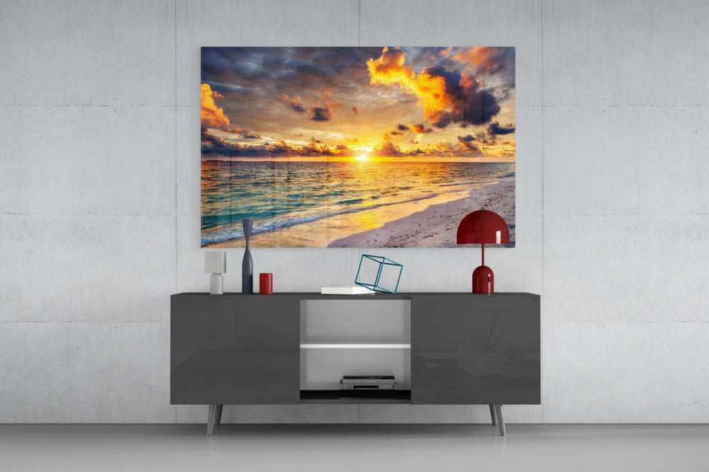 Maldives-resort beach cinematic glass wall art in guest-bedroom alcove