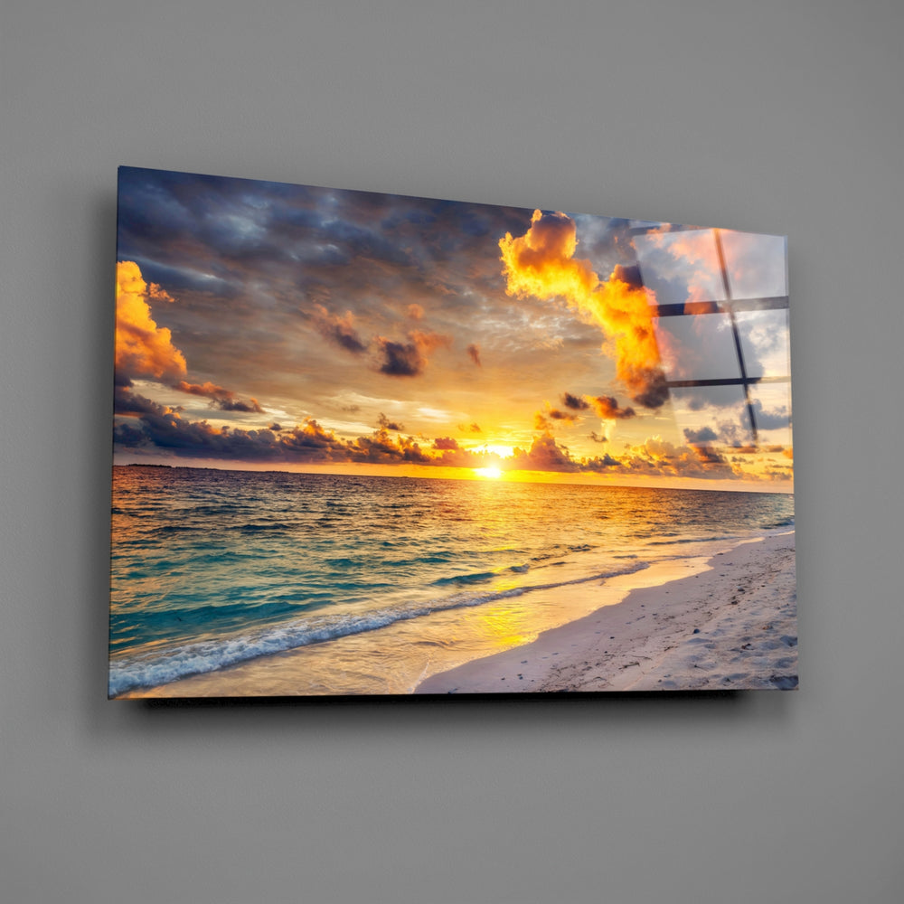 Tangerine-sky lagoon glass wall art over master-bedroom headboard