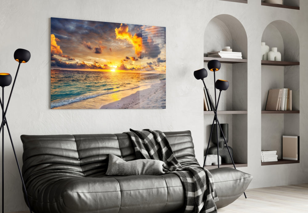 Coral-cloud sunset cinematic glass wall art over walnut console with shell decor