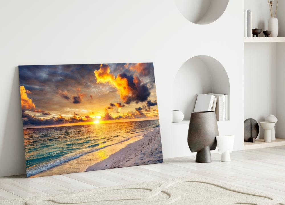 Tropical resort sunset cinematic glass wall art in spa bathroom