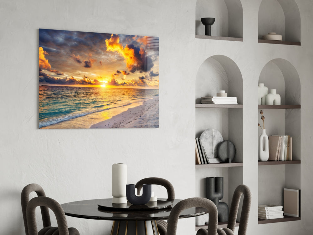 Maldives shoreline cinematic glass wall art in resort suite hallway