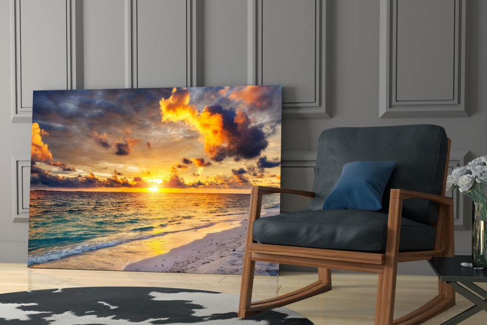 Pink-fire sunset cinematic glass wall art above modern dining sideboard