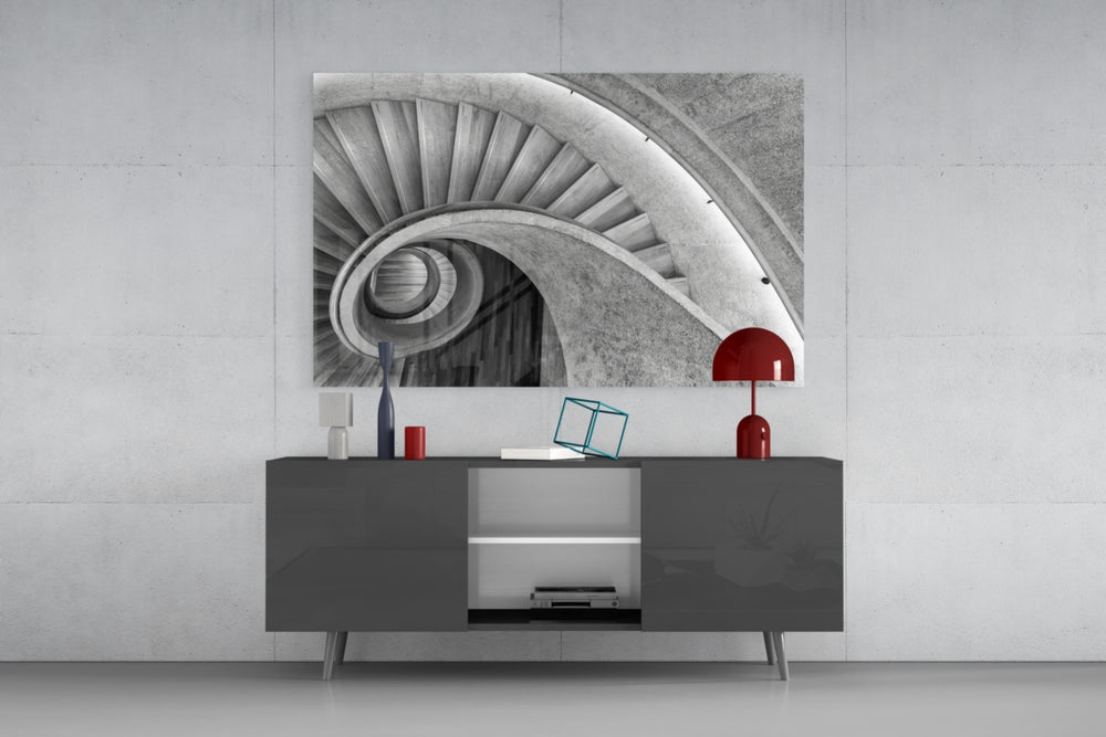 Architecture-poster spiral cinematic glass wall art in gallery hallway