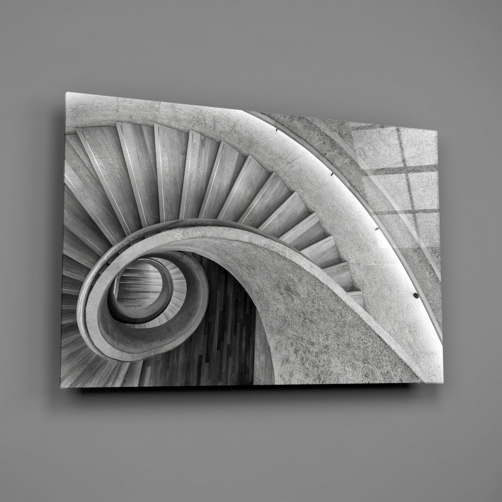 Architectural B&W spiral cinematic glass wall art in firm reception lobby