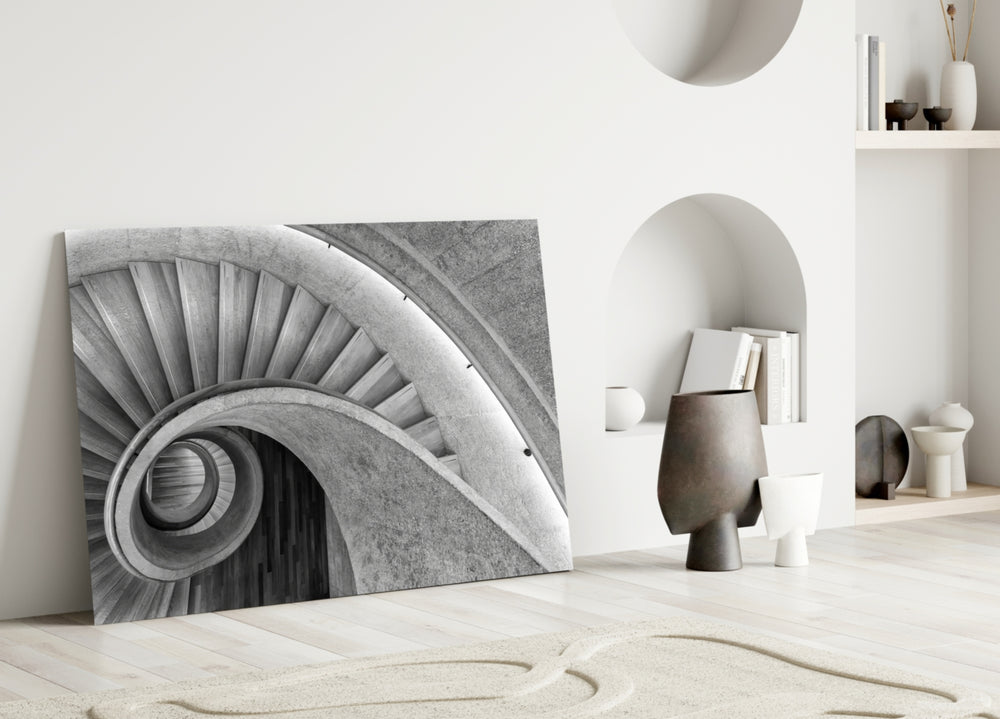 Brutalist concrete-stair cinematic glass wall art in modernist living room