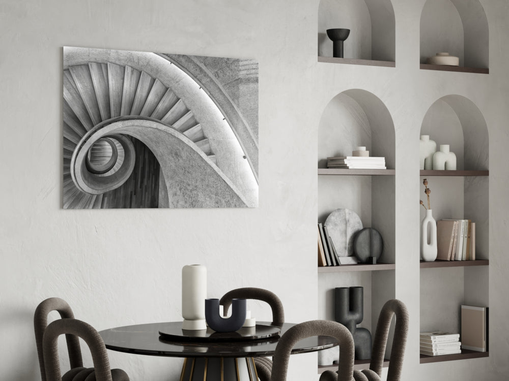 B&W architectural cinematic glass wall art over walnut sideboard