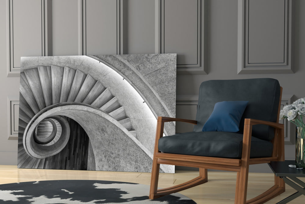 Concrete-photography spiral cinematic glass wall art over master-bedroom headboard