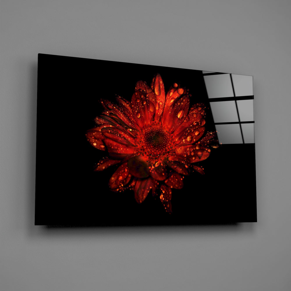 Crimson-flower fine-art glass wall art over walnut dining sideboard