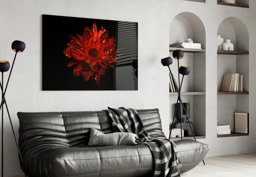 Black-ground crimson floral cinematic glass wall art in heritage hallway