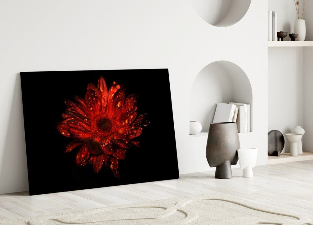 Macro dewy gerbera cinematic glass wall art in boutique-hotel suite