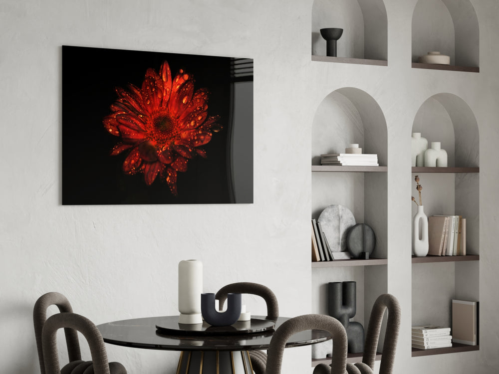 Fine-art macro flower cinematic glass wall art over linen sofa in designer lounge