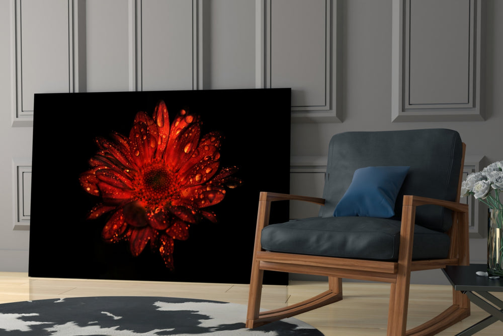 Dewy red gerbera cinematic glass wall art in luxury powder-room