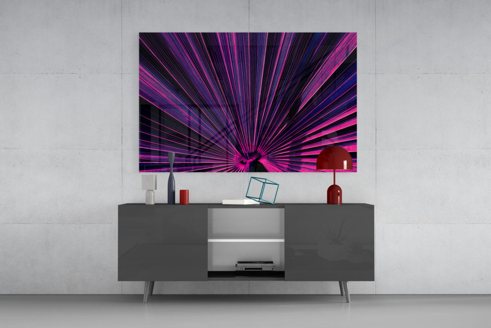 Backlit fan-palm cinematic glass wall art in nightclub-style home bar