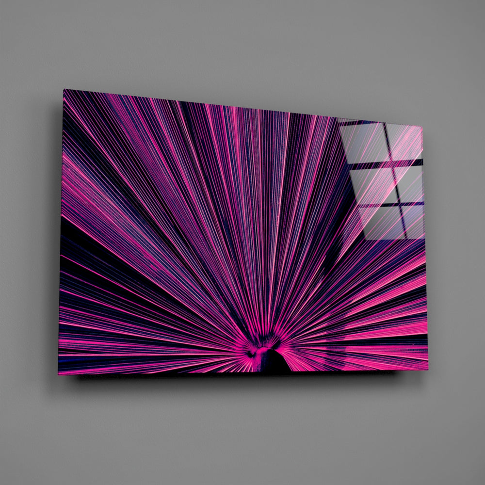 Synthwave fan-palm glass wall art over modern living-room sofa