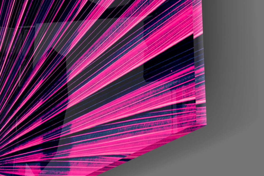 Synthwave palm-frond burst cinematic glass wall art in designer hallway
