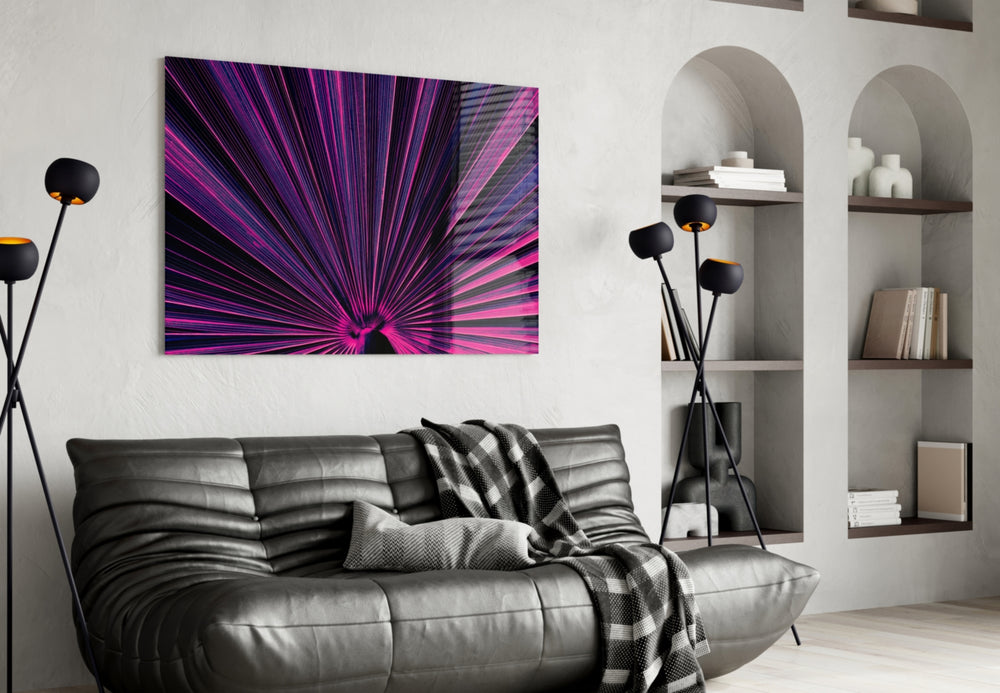 Neon palm fan cinematic glass wall art over walnut bar cabinet