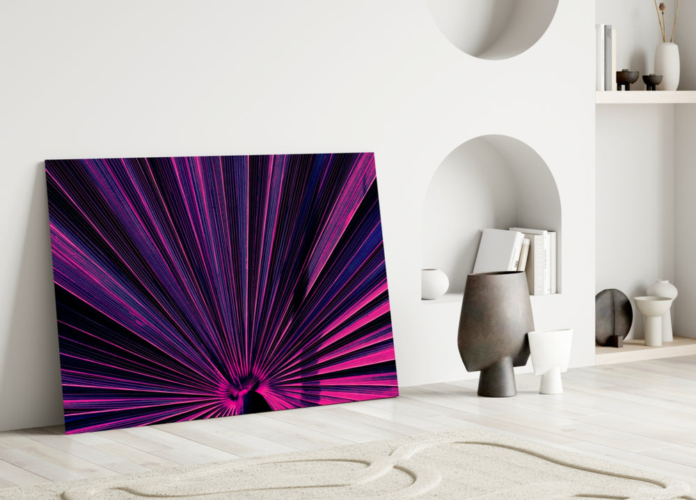 Magenta-and-indigo foliage cinematic glass wall art in dramatic dining room