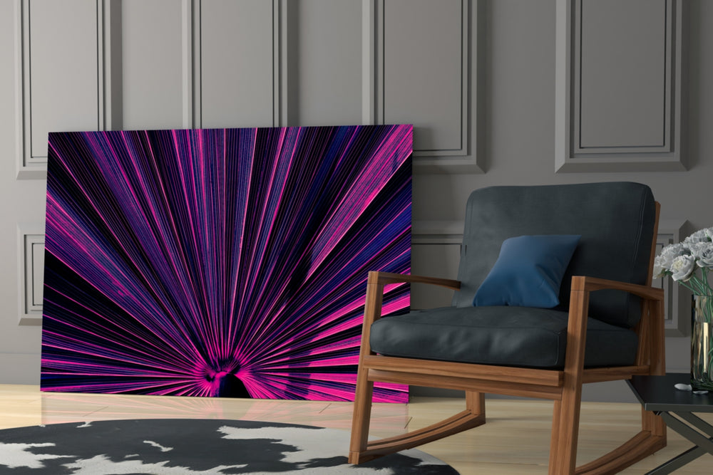 Stage-lit fan-palm cinematic glass wall art over master-bedroom headboard