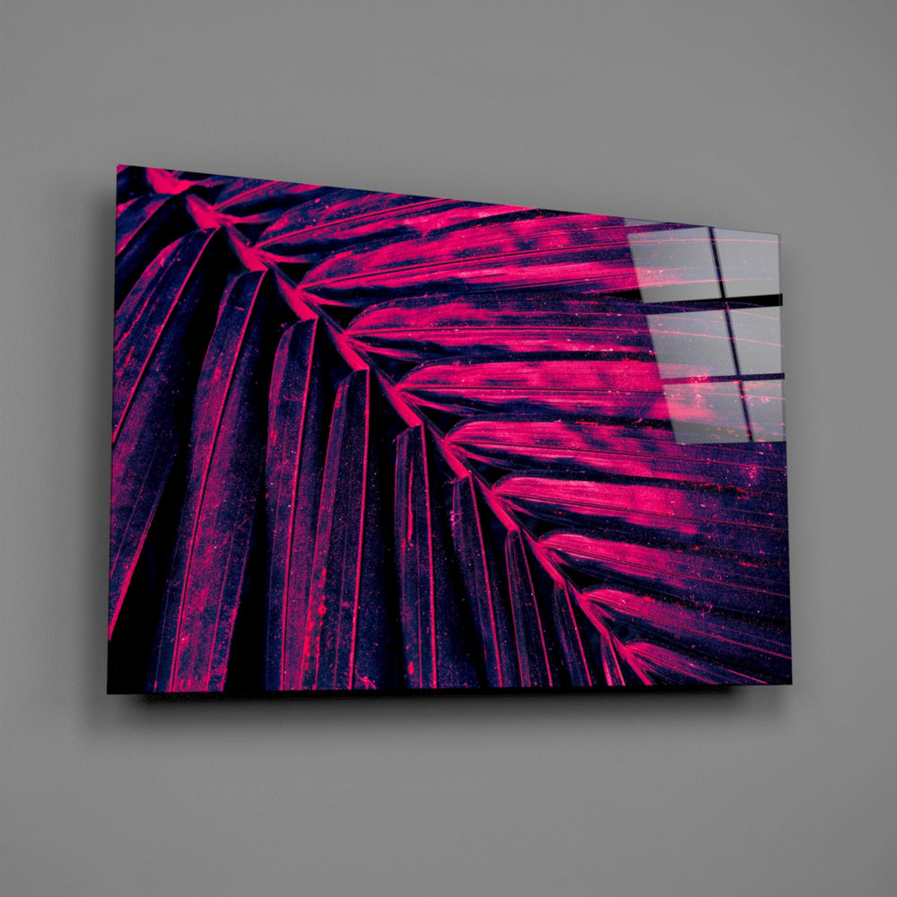 Synthwave palm-leaf glass wall art over modern living-room sofa