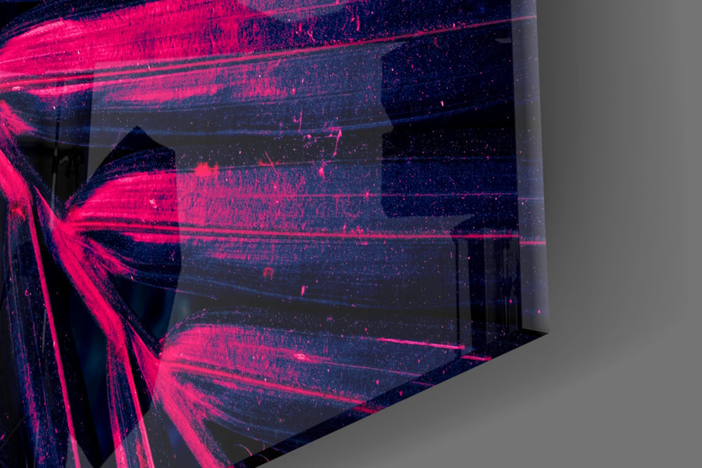 Synthwave pinnate-leaf cinematic glass wall art in designer hallway